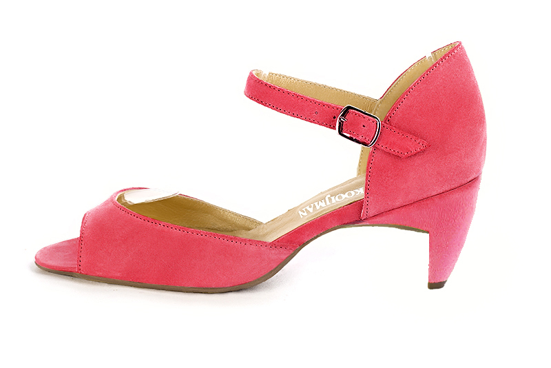 Carnation pink women's closed back sandals, with an instep strap. Square toe. Medium comma heels. Profile view - Florence KOOIJMAN